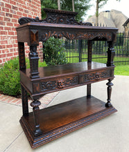 Load image into Gallery viewer, Antique English Server Sideboard Buffet 3-Tier Gothic Revival Oak 2 Drawers 1890