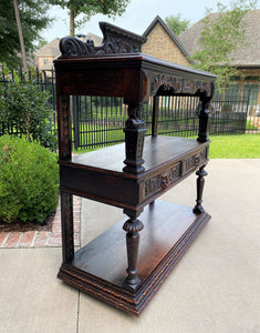 Antique English Server Sideboard Buffet 3-Tier Gothic Revival Oak 2 Drawers 1890