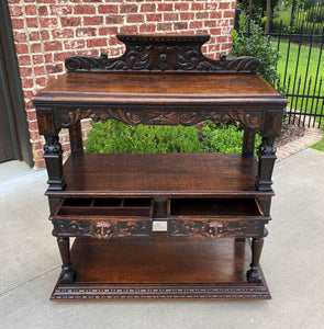 Antique English Server Sideboard Buffet 3-Tier Gothic Revival Oak 2 Drawers 1890