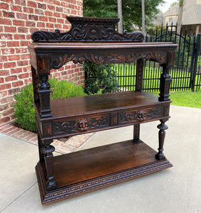 Antique English Server Sideboard Buffet 3-Tier Gothic Revival Oak 2 Drawers 1890