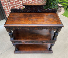 Load image into Gallery viewer, Antique English Server Sideboard Buffet 3-Tier Gothic Revival Oak 2 Drawers 1890