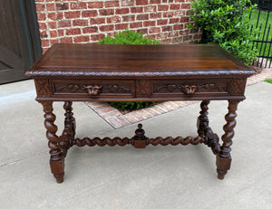 Antique French Desk Table Renaissance Revival Barley Twist Lions Carved Oak 19C