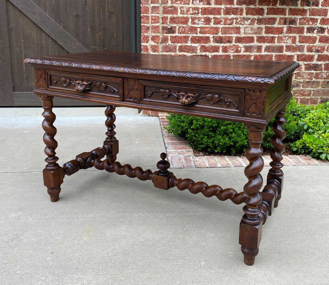 Antique French Desk Table Renaissance Revival Barley Twist Lions Carved Oak 19C