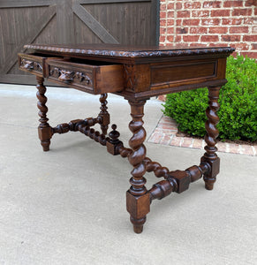 Antique French Desk Table Renaissance Revival Barley Twist Lions Carved Oak 19C