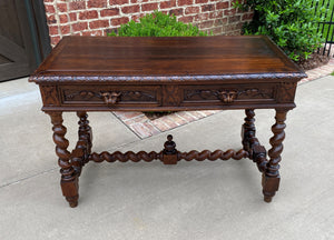 Antique French Desk Table Renaissance Revival Barley Twist Lions Carved Oak 19C