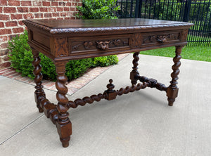 Antique French Desk Table Renaissance Revival Barley Twist Lions Carved Oak 19C