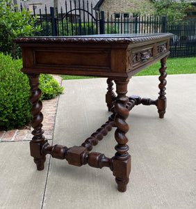 Antique French Desk Table Renaissance Revival Barley Twist Lions Carved Oak 19C