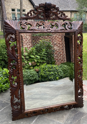 Antique French Mirror Carved Oak Beveled Acanthus Cartouche Framed Rectangular