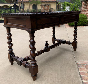 Antique French Desk Table Renaissance Revival Barley Twist Lions Carved Oak 19C