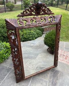 Antique French Mirror Carved Oak Beveled Acanthus Cartouche Framed Rectangular