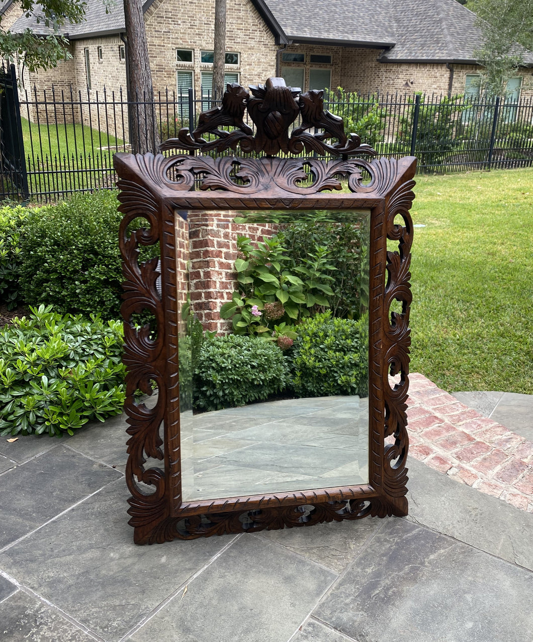 Antique French Mirror Oak Framed Beveled Acanthus LIONS Highly Carved Mantel