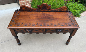 Antique English Window Seat Bed Bench Gothic Revival Carved Oak 2 Drawers c.1900