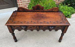 Antique English Window Seat Bed Bench Gothic Revival Carved Oak 2 Drawers c.1900