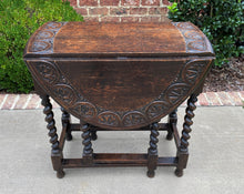 Load image into Gallery viewer, Antique English Table Drop Leaf Gateleg Barley Twist Oval Carved Top Oak 1920s