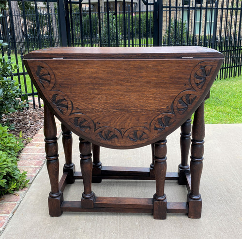 Antique English Table Drop Leaf Gateleg Turned Post Legs Oval Oak Carved Top