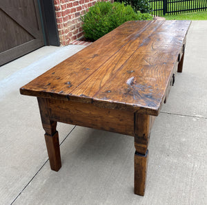 Antique French Country Coffee Table Oak Plank Top Rustic Farmhouse Drawers 18thC