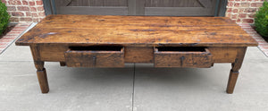 Antique French Country Coffee Table Oak Plank Top Rustic Farmhouse Drawers 18thC