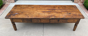 Antique French Country Coffee Table Oak Plank Top Rustic Farmhouse Drawers 18thC