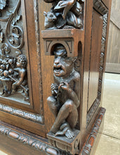 Load image into Gallery viewer, Antique English Cabinet Chest Wardrobe Gothic Revival Oak Monkeys RARE c.1880s