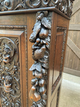 Load image into Gallery viewer, Antique English Cabinet Chest Wardrobe Gothic Revival Oak Monkeys RARE c.1880s