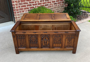 Antique French Trunk Blanket Box Coffee Table Oak Gothic Revival Strap Hinges