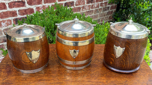 Antique English Oak Biscuit Barrel Tobacco Jar Engraved Shield Banded #1