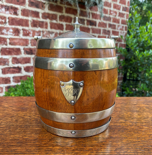 Antique English Oak Biscuit Barrel Tobacco Jar Engraved Shield Banded #1