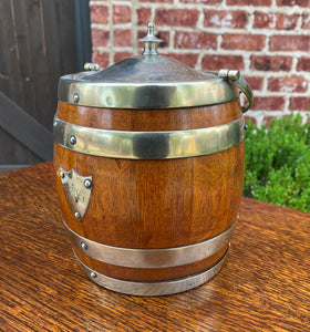 Antique English Oak Biscuit Barrel Tobacco Jar Engraved Shield Banded #1