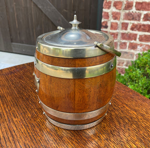 Antique English Oak Biscuit Barrel Tobacco Jar Engraved Shield Banded #1