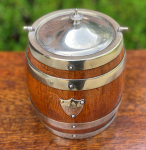 Antique English Oak Biscuit Barrel Tobacco Jar Engraved Shield Banded #1