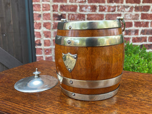 Antique English Oak Biscuit Barrel Tobacco Jar Engraved Shield Banded #1