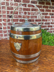 Antique English Oak Biscuit Barrel Tobacco Jar Engraved Shield Banded #1