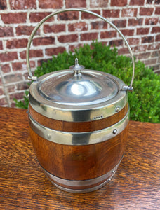 Antique English Oak Biscuit Barrel Tobacco Jar Engraved Shield Banded #1