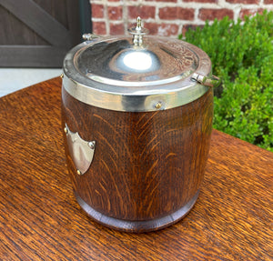 Antique English Oak Biscuit Barrel Tobacco Jar Porcelain Lined Shield #2