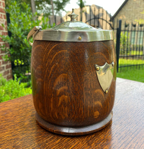 Antique English Oak Biscuit Barrel Tobacco Jar Porcelain Lined Shield #2