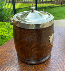 Antique English Oak Biscuit Barrel Tobacco Jar Porcelain Lined Shield #2