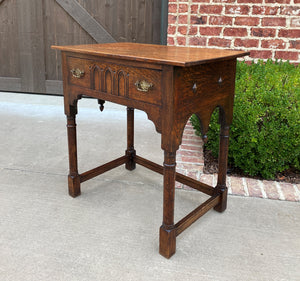 Antique English Desk Console Entry Writing Table Drawer Gothic Drop Finial Oak