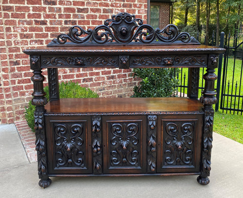 Antique English Server Sideboard Buffet 2-Tier Renaissance Oak 2 Drawers 19th C