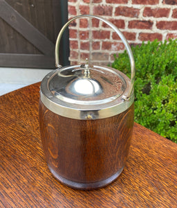 Antique English Oak Biscuit Barrel Tobacco Jar Porcelain Lined Shield #2