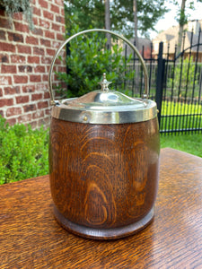 Antique English Oak Biscuit Barrel Tobacco Jar Porcelain Lined Shield #2