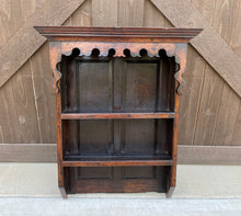 Load image into Gallery viewer, Antique English Plate Rack Wall Shelf Bookcase Hanging Carved Oak Pegged c. 1900