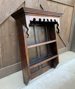 Antique English Plate Rack Wall Shelf Bookcase Hanging Carved Oak Pegged c. 1900