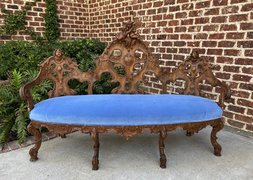 Antique French Settee Chaise Sofa Bench Blue Highly Carved Cherubs Walnut 1920s