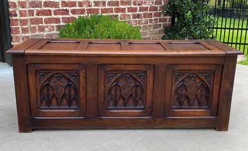 Antique French Trunk Blanket Box Coffee Table Chest Oak Gothic Shields c.1920s