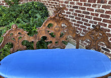 Load image into Gallery viewer, Antique French Settee Chaise Sofa Bench Blue Highly Carved Cherubs Walnut 1920s