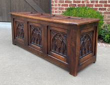 Load image into Gallery viewer, Antique French Trunk Blanket Box Coffee Table Chest Oak Gothic Shields c.1920s