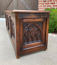 Load image into Gallery viewer, Antique French Trunk Blanket Box Coffee Table Chest Oak Gothic Shields c.1920s