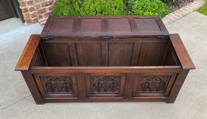 Antique French Trunk Blanket Box Coffee Table Chest Oak Gothic Shields c.1920s