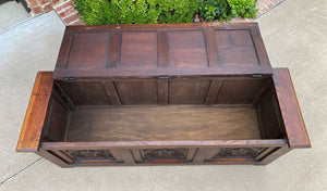 Antique French Trunk Blanket Box Coffee Table Chest Oak Gothic Shields c.1920s