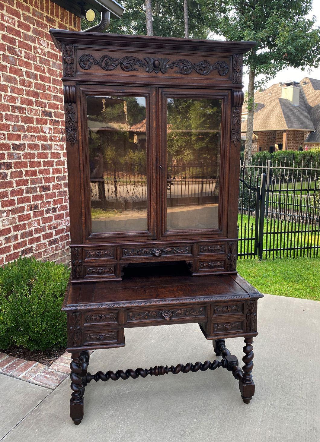 Antique French Desk Upper Bookcase Cabinet Barley Twist Writing Desk Oak 19th C